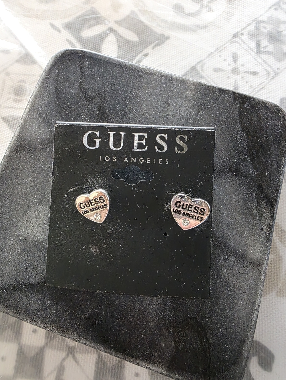 GUESS Los Angeles Silver Heart Logo Crystal Stud Earrings